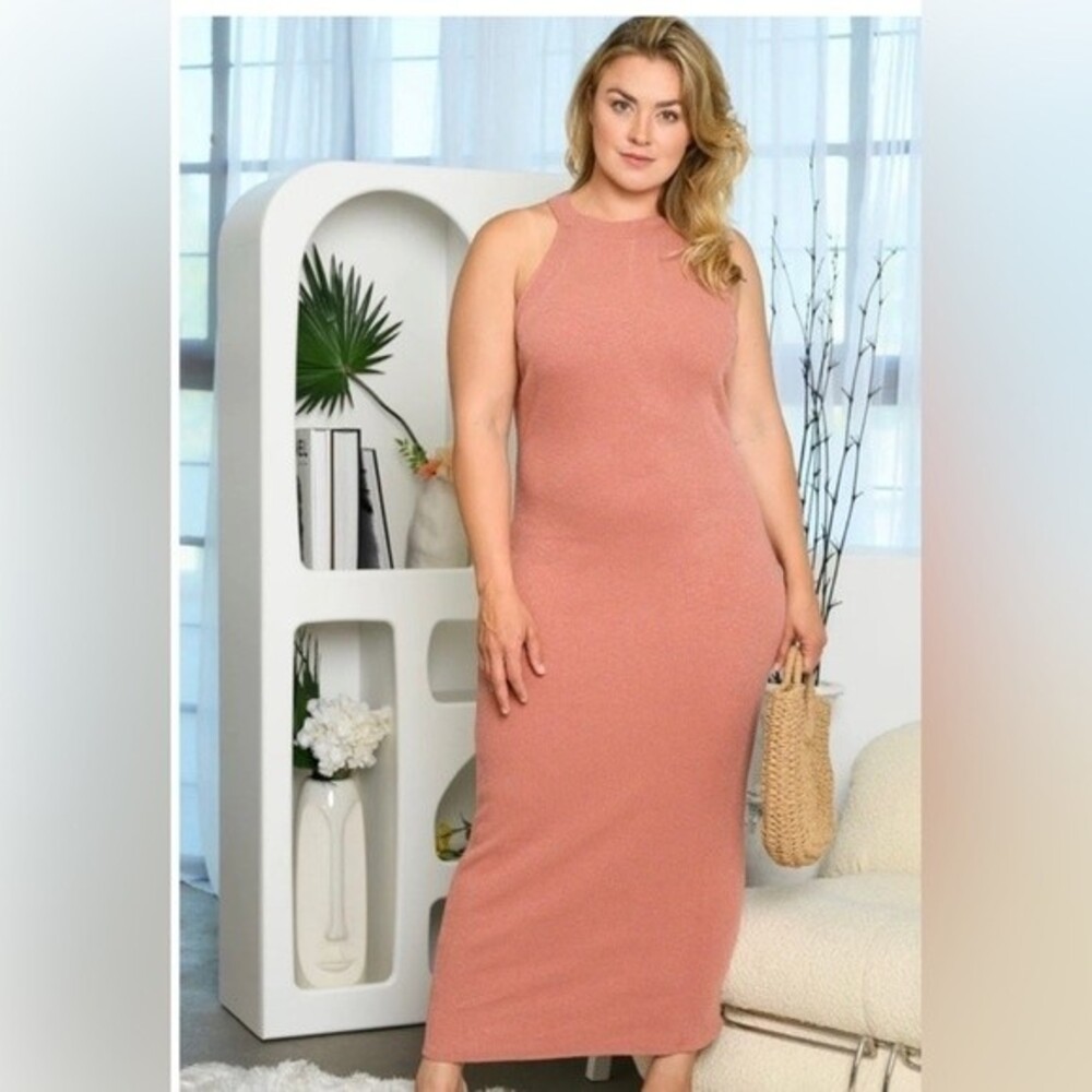 Plus Size Identity Mauve Ribbed Body Fitting Dress